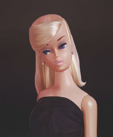 1964 vintage blonde black magic Barbie wearing a black dress oil painting