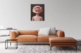 Oriignal oil painting of vintage Fashion Queen Barbie wearing a turban hanging above a leather sofa