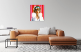 Original oil painting of a 1966 vintage Barbie titled Gala Abend by artist Judy Ragagli is displayed above a brown leather sofa.