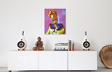 Original oil painting of a 1965 vintage Golden Glory Barbie by Judy Ragagli displayed above a credenza