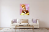 Vintage Golden Glory Barbie oil painting by Judy Ragagli hangs on a wall with a creme colored couch.
