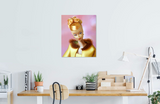 Original oil painting of a 1965 vintage Golden Glory Barbie by Judy Ragagli displayed above a desk