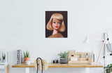 A vintage 1965 On the Avenue blond Barbie original oil painting by artist Judy Ragagli displayed above a desk