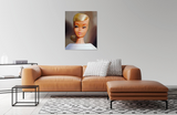 Original 1964 Platinum Swirl Barbie oil painting by Judy Ragagli displayed above a brown leather couch