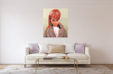 Vintage equestrian Barbie oil painting titled Riding in the Park by artist Judy Ragagli hangs above a creme couch.