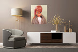 Vinger Barbie oil painting titled Riding in the Park by Judy Ragagli hangs above a modern white and wood credenza.
