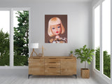 Vintage Barbie oil painting by artist Judy Ragagli titled Saturday Matinee hangs on a wall above a wood credenza.