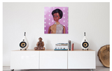 Original oil painting of a1968 African American vintage Barbie wearing a gold and silver jumpsuit placed above a credenza