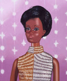 Original oil painting of a1968 African American vintage Barbie wearing a gold and silver jumpsuitoil painting