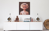 Oriignal oil painting of vintage Fashion Queen Barbie wearing a turban hanging above a credenza