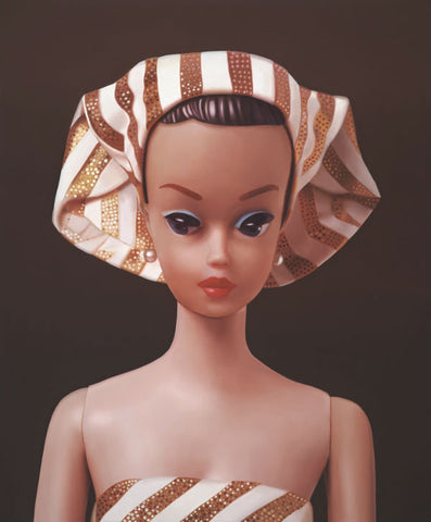 Oriignal oil painting of vintage Fashion Queen Barbie wearing a turban by Judy Ragagli