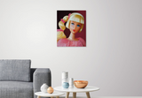 Original oil painting of a 1968 vintage mod Barbie with a side ponytail titled Golden Groove by Judy Ragagli displayed in a family room