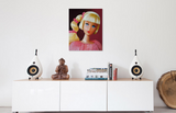 Original oil painting of a 1968 vintage mod Barbie with a side ponytail titled Golden Groove by Judy Ragagli displayed above a white credenza.