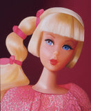 Original oil painting of a 1968 vintage mod Barbie with a side ponytail titled Golden Groove by Judy Ragagli