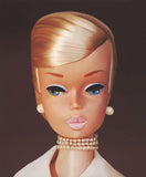 Original oil painting of a 1964 Platinum Swirl Barbie wearing pearls by artist Judy Ragagli