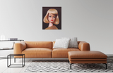 A vintage 1965 On the Avenue blond Barbie original oil painting by artist Judy Ragagli displayed above a brown leather sofa.