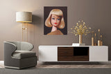 Vintage Barbie oil painting titled On the Avenue by Judy Ragagli hangs above a credenza.