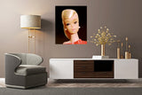 Vintage Platinum Swirl Barbie oil painting by artist Judy Ragagli hangs above a modern credenza.