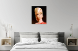 Original 1962 Satin 'N Roses Platinum Swirl Barbie oil painting by Judy Ragagli displayed in a bedroom