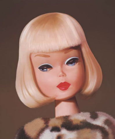 Original 1965 Saturday Matinee blonde Barbie wearing a leopard wrap oil painting by Judy Ragagli