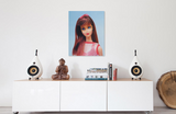 1967 Twist 'N Turn Barbie oil painting by Judy Ragagli above a white credenza