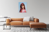 1967 Twist 'N Turn Barbie oil painting by Judy Ragagli above a brown leather couch.