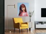 Vintage oil paining titled Twist 'N Turn Barbie by artist Judy Ragagli hangs above a yellow chair.
